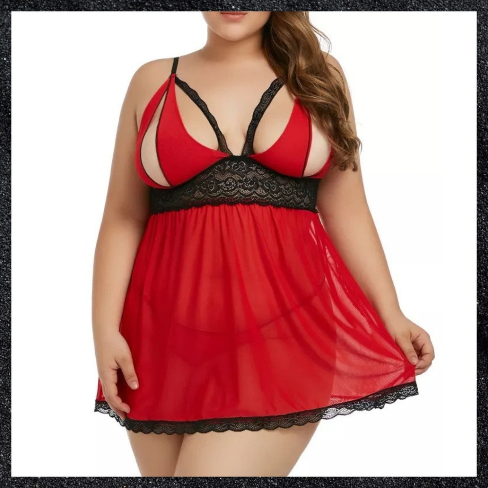 Red Sheer Peek-a-Boo Lace Chiffon Babydoll Nightie Plus Size
